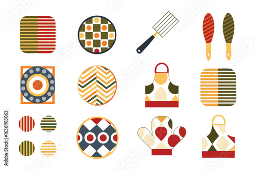 Geometric Culinary Collection: A vibrant assortment of geometric shapes and patterns come together, evoking a modern aesthetic, in this vector illustration of culinary and kitchen elements. 