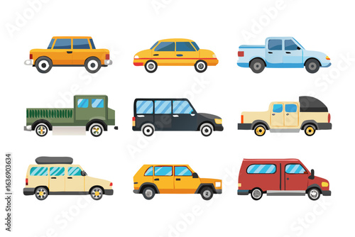 Collection of diverse cartoon style vehicles on black background