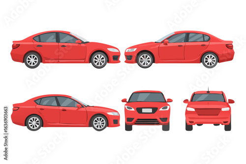 Collection of red sedan cars shown from different angles on black background