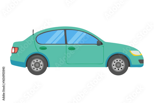 Side view of a cartoon teal sedan car with blue windows