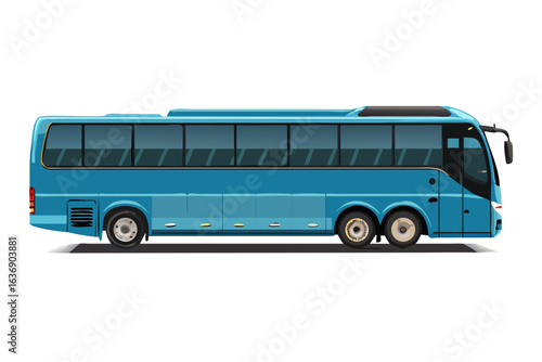 Modern blue coach bus with tinted windows on a black background