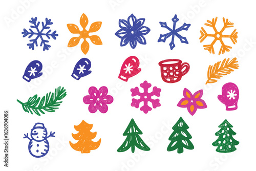 Cozy Winter Motif: A charming hand-drawn arrangement of winter-themed elements, including snowflakes, mittens, a warm mug, and festive evergreen trees.