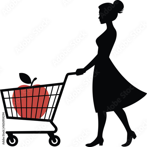 Silhouette of Woman Pushing Shopping Cart with Apple Depicts Retail Consumerism