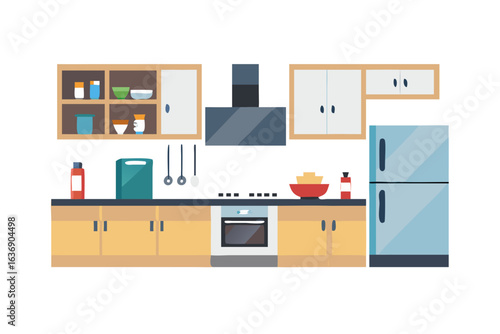 Modern kitchen interior with appliances and cabinets flat design