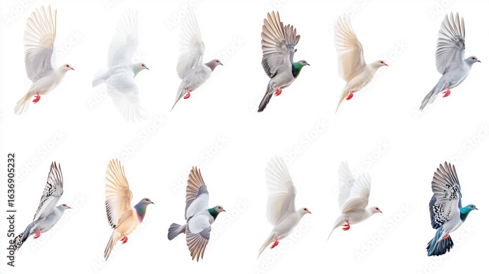 Obraz premium Flocks of flying pigeons isolated on white background. Clipping path.