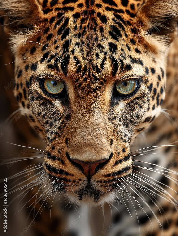 Naklejka premium extreme closeup of african leopard in front face staring at camera wildlife photography