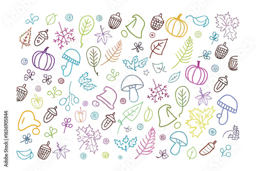 Autumnal Delight: Whimsical illustrations of seasonal elements, including pumpkins, leaves, and acorns, in a vibrant, playful pattern