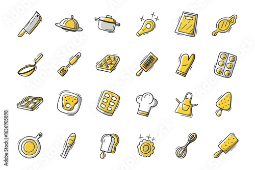 Culinary Collection: A diverse array of kitchen tools and cooking essentials is depicted in a minimalist, illustration-style setup, set against an ethereal light backdrop.