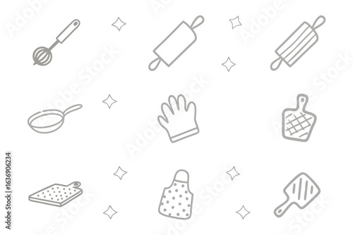 Kitchen Utensils Sketch: Hand-drawn illustrations of essential kitchen tools, a minimalistic and charming representation of culinary elements for home cooking and baking.