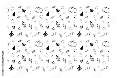 Thanksgiving Feast: A delicate hand-drawn pattern showcasing a delightful arrangement of pumpkins, leaves, and seasonal elements, ideal for expressing gratitude and the warmth of the season.