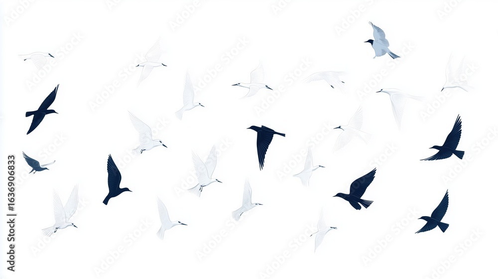 Obraz premium Flying birds silhouettes on white background. Vector illustration. isolated bird flying. tattoo and wallpaper background design.