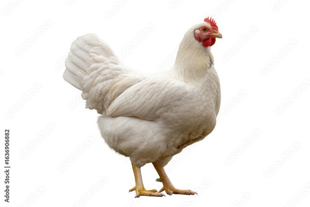Fototapeta premium A pristine white hen stands proudly against a clean white background showcasing its feathers and form