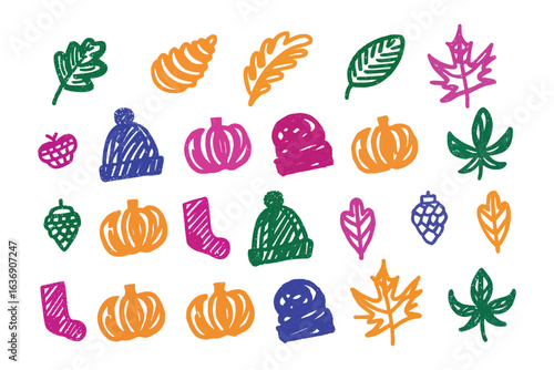 Autumn Essentials Doodle: A charming doodle illustration showcasing various autumn-themed elements, bringing together seasonal icons in a playful composition. 