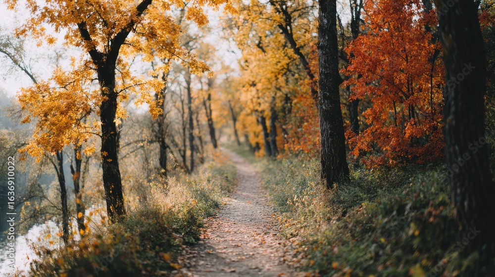 Obraz premium Pathway Through Vibrant Autumn Forest With Golden And Red Foliage. Serene Nature Walk In Fall Season