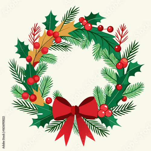 Elegant Christmas Wreath with Pine, Holly Berries, Pine Cones, and Red Ribbon Vector