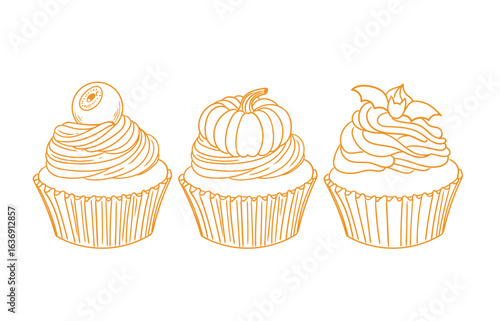 Hand-drawn illustration set of a Halloween cupcake and , cute line art drawings, for birthday menus, bakery, pastry posters, cards, and graphic design.