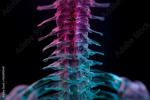 Anatomical model of a human spine, showcasing the intricate details of the vertebrae, spinal cord, and nerve system