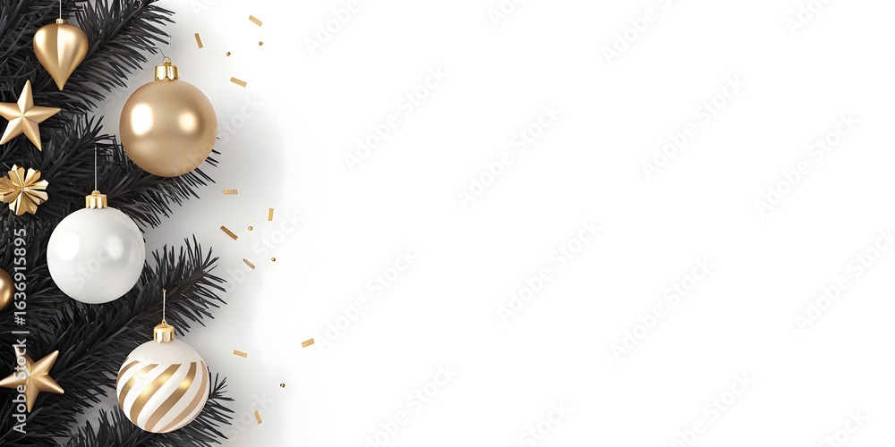 Fototapeta premium Realistic Festive Corner Design with Shiny Gold and White Christmas Decorations and Evergreen Fir