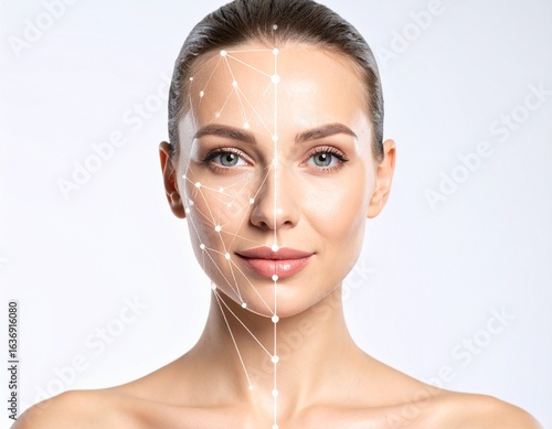 Portrait of a woman with a facial analysis grid overlay, highlighting beauty and cosmetic procedures.