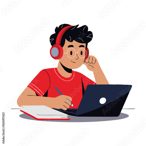 Attentive student deeply immersed in online learning, using a laptop with headphones while taking organized notes for academic success
