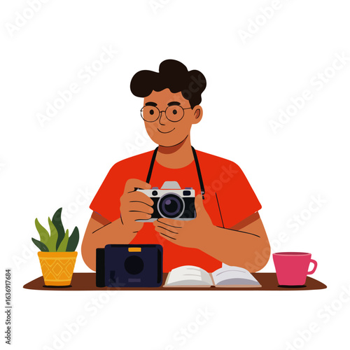 Happy male photographer holding a vintage camera while sitting at a desk with an open book and coffee
