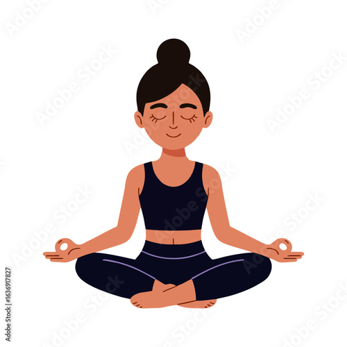 Serene Woman Meditating Yoga Pose Peaceful Mindfulness Illustration Healthy Lifestyle Spiritual Wellbeing Flat Design Graphic