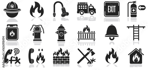 Collection of firefighter and fire safety icons representing emergency services