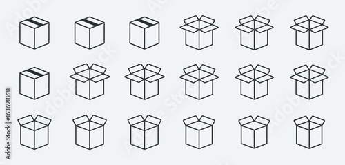 Collection of isometric line art cardboard boxes in various open and closed states