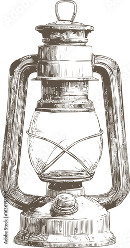 Detailed vintage kerosene lantern sketch in brown monochrome style. Vector illustration