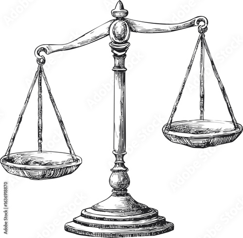 Vintage black and white drawing of unbalanced scales of justice. Vector illustration