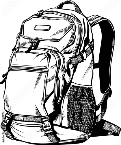 Black and white sketch of a detailed hiking backpack. Vector illustration