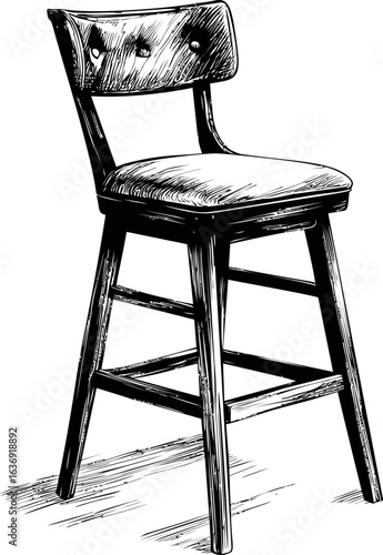 Black and white sketch of a wooden bar stool with detailed texture. Vector illustration