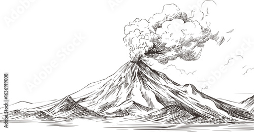 Line art of a volcanic eruption with smoke and mountainous landscape. Vector illustration
