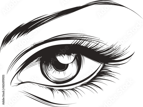 Black and white sketch of a detailed human eye with lashes and eyebrow. Vector illustration