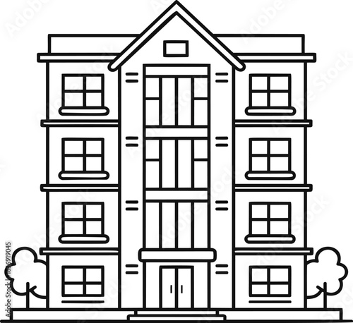 Line art illustration of a residential apartment building in black and white style. Vector illustration