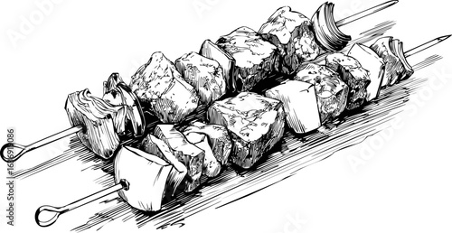 Detailed black and white sketch of kebab skewers with meat and vegetables. Vector illustration