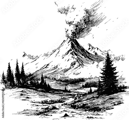 Black and white drawing of an erupting volcano with smoke and trees. Vector illustration