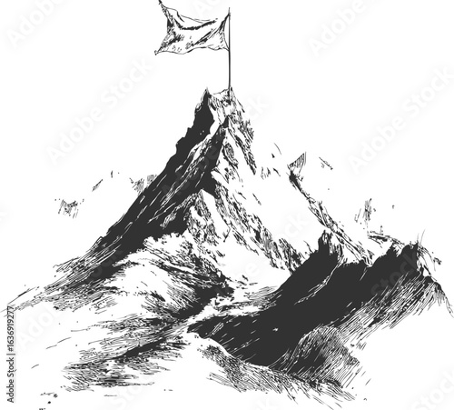 Mountain peak with a flag sketched majestically on snow-covered terrain. Vector illustration