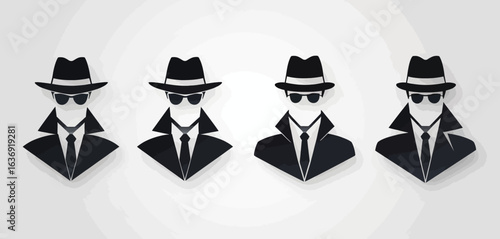 Four identical figures in black suits and hats with sunglasses