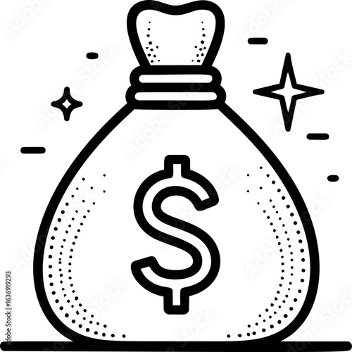Money bag icon with a dollar symbol and decorative sparkles in monochrome. Vector illustration