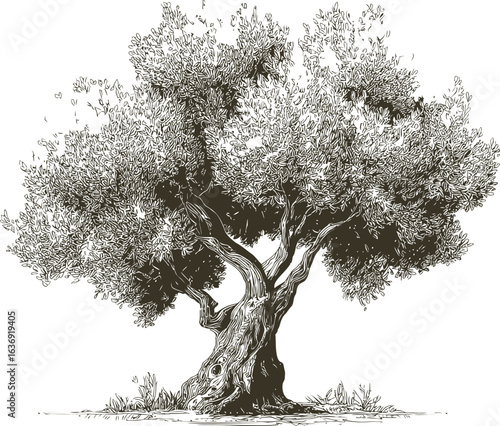 Intricate black and white illustration of a large olive tree with detailed branches. Vector illustration