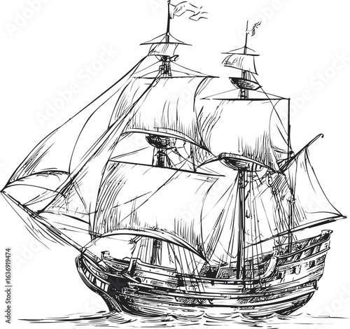 Vintage sailing ship illustration with intricate sails and detailed rigging. Vector illustration