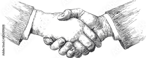 Detailed sketch of a classic handshake between two businessmen in suits. Vector illustration