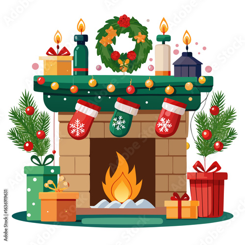 Cozy Christmas Eve Fireplace Decoration with Gifts and Stockings Vector Illustration