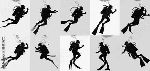 Collection of silhouetted scuba divers in various poses underwater
