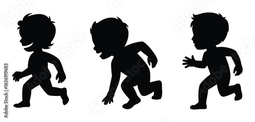 Three cartoon children silhouettes running in different poses