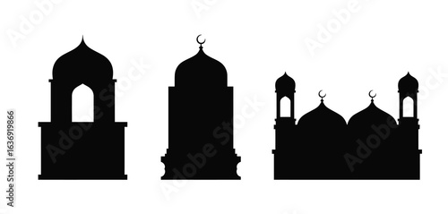 Silhouette of three islamic architectural structures including a minaret and mosque domes
