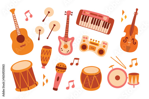 Musical Melody: A collection of musical instruments, including a guitar, drum, and piano, arranged around musical notes, forming a vibrant symphony of creative potential.