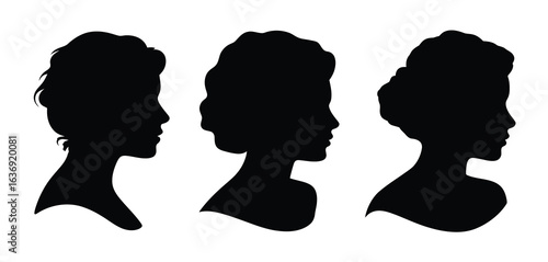 Three elegant female silhouettes with elaborate hairstyles