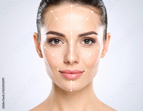 A woman's face is overlaid with a facial recognition grid, highlighting features.